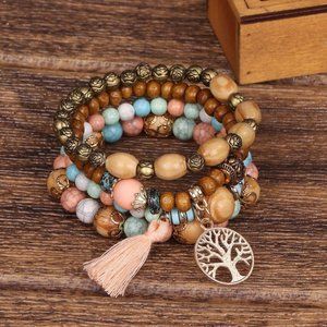 Boho Tree of Life Charm Pink Tassel Wooden Bead Stretchy Stacking Bracelet‎